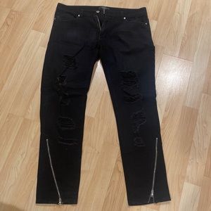 F21 forever 21 jeans slim tapered black rip bottom zipper fog fear of god style